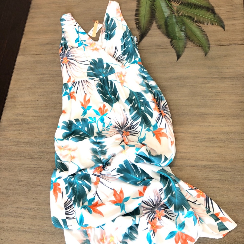 NWT - Gibson Latimer Tropical Palm Print Faux Wrap Maxi Dress